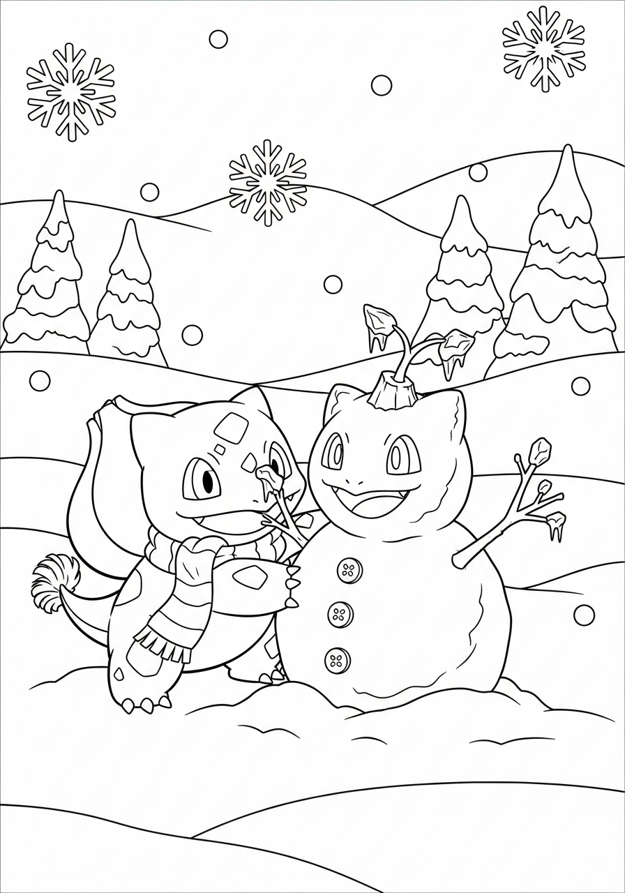 Bulbasaur Coloring Pages 6 Bulbasaur building winter snowman coloring page