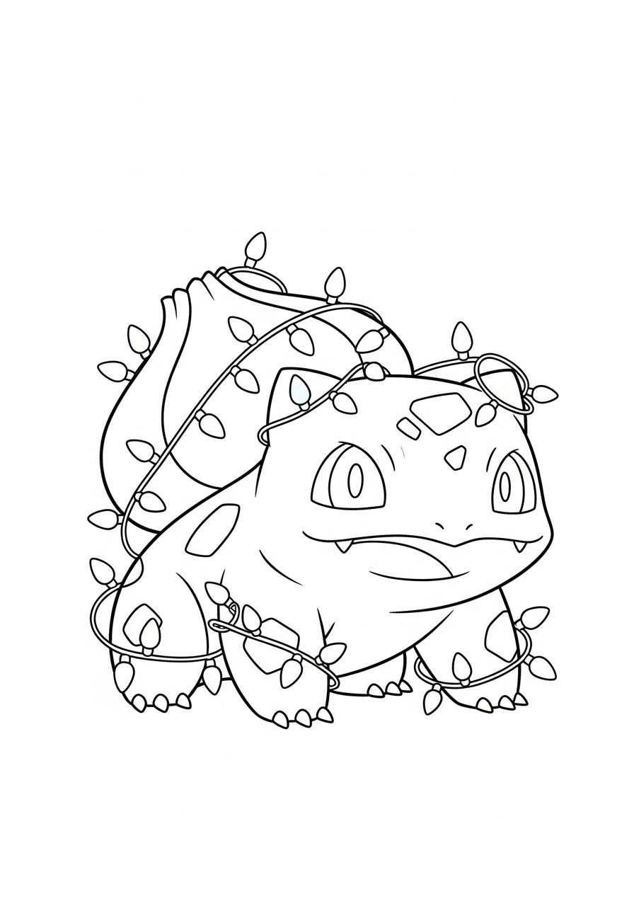 Pokemon Christmas Coloring Pages 3 Bulbasaur in Christmas lights coloring page