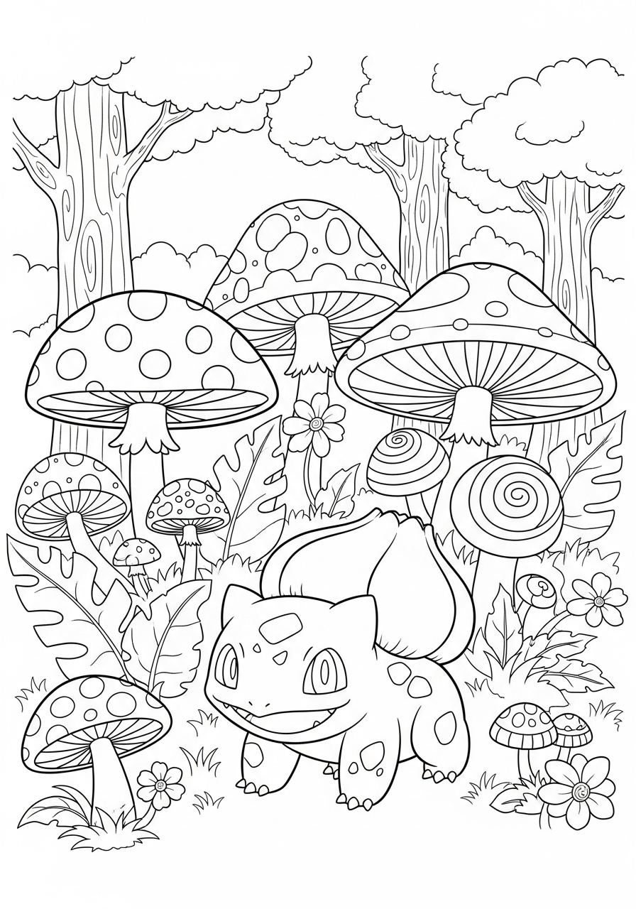 Bulbasaur Coloring Pages 10 Bulbasaur in mushroom forest coloring page