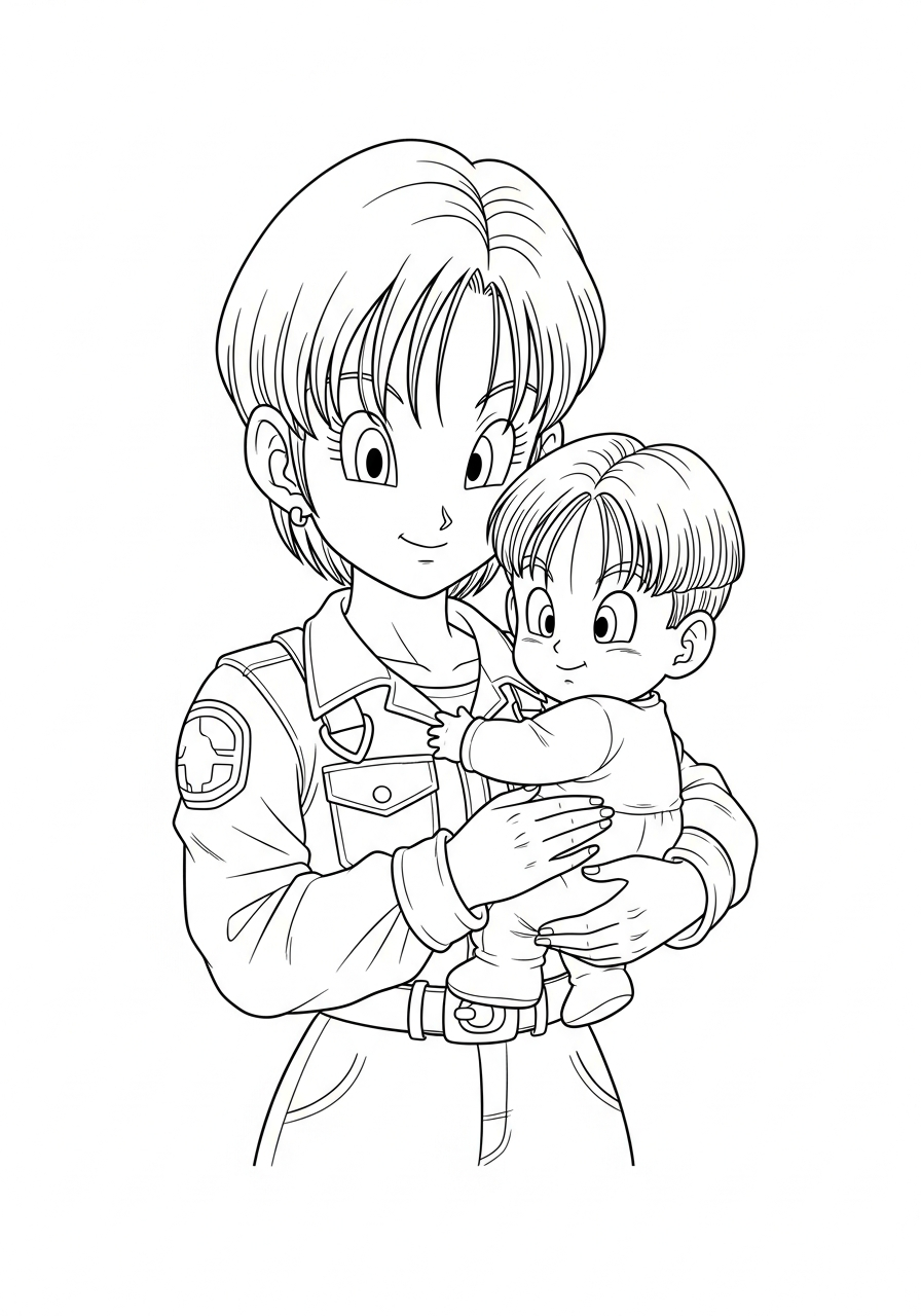 Bulma holding cute baby Trunks coloring page