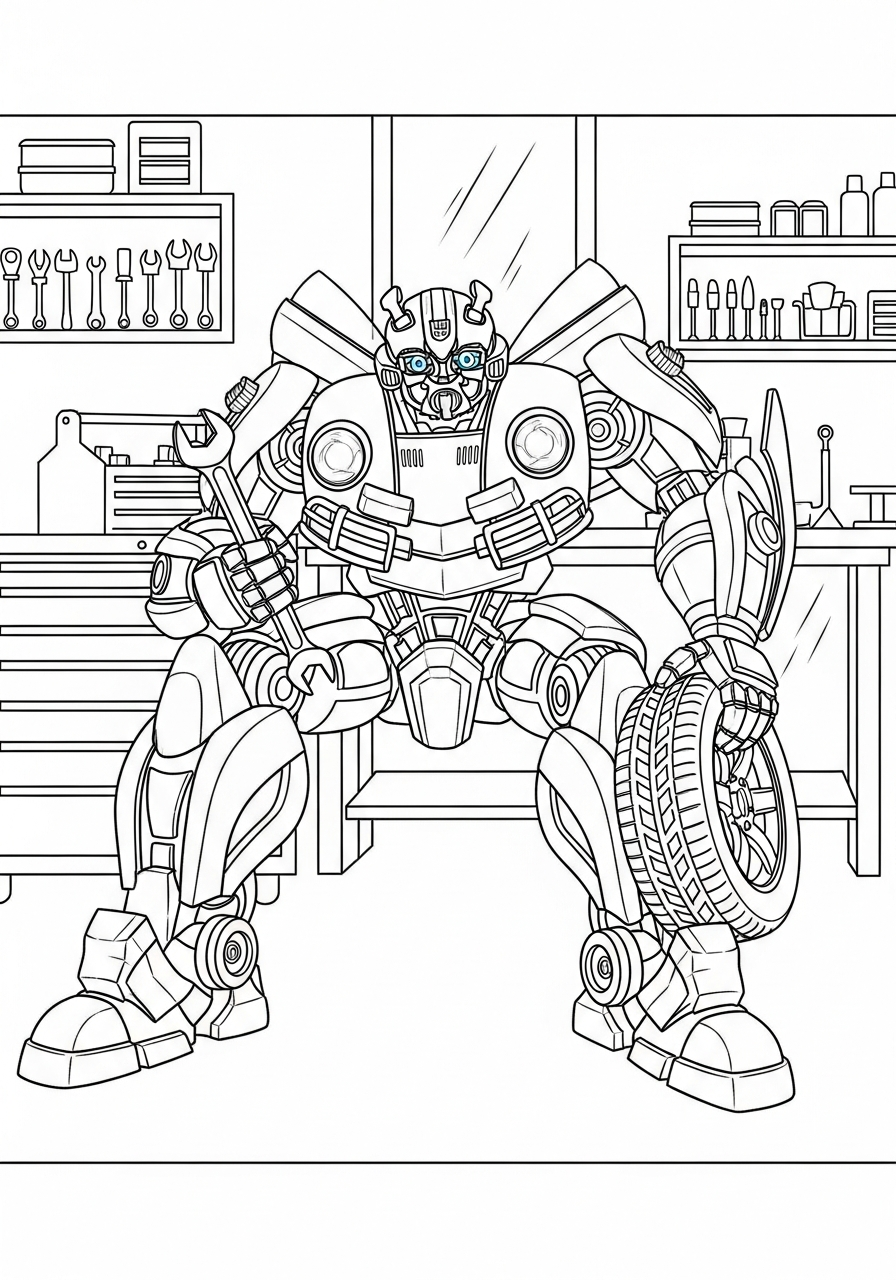 Bumblebee Coloring Pages 9 Bumblebee holding wrench in garage coloring page
