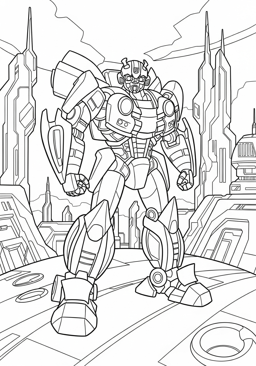 Bumblebee Coloring Pages 12 Bumblebee on planet Cybertron background coloring page
