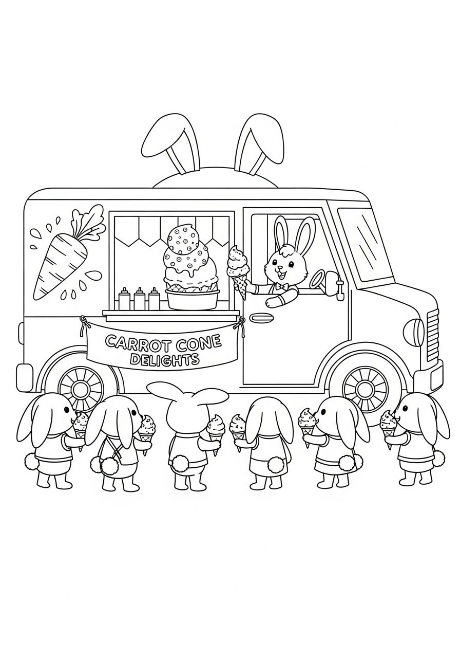 Bunny rabbit driving ice cream truck coloring page