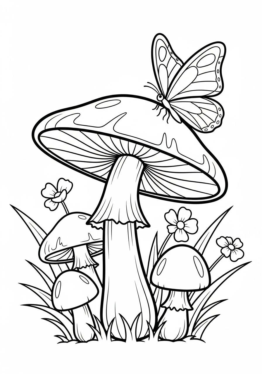 Mushroom Coloring Pages 4 Butterfly resting on broad mushroom cap coloring page