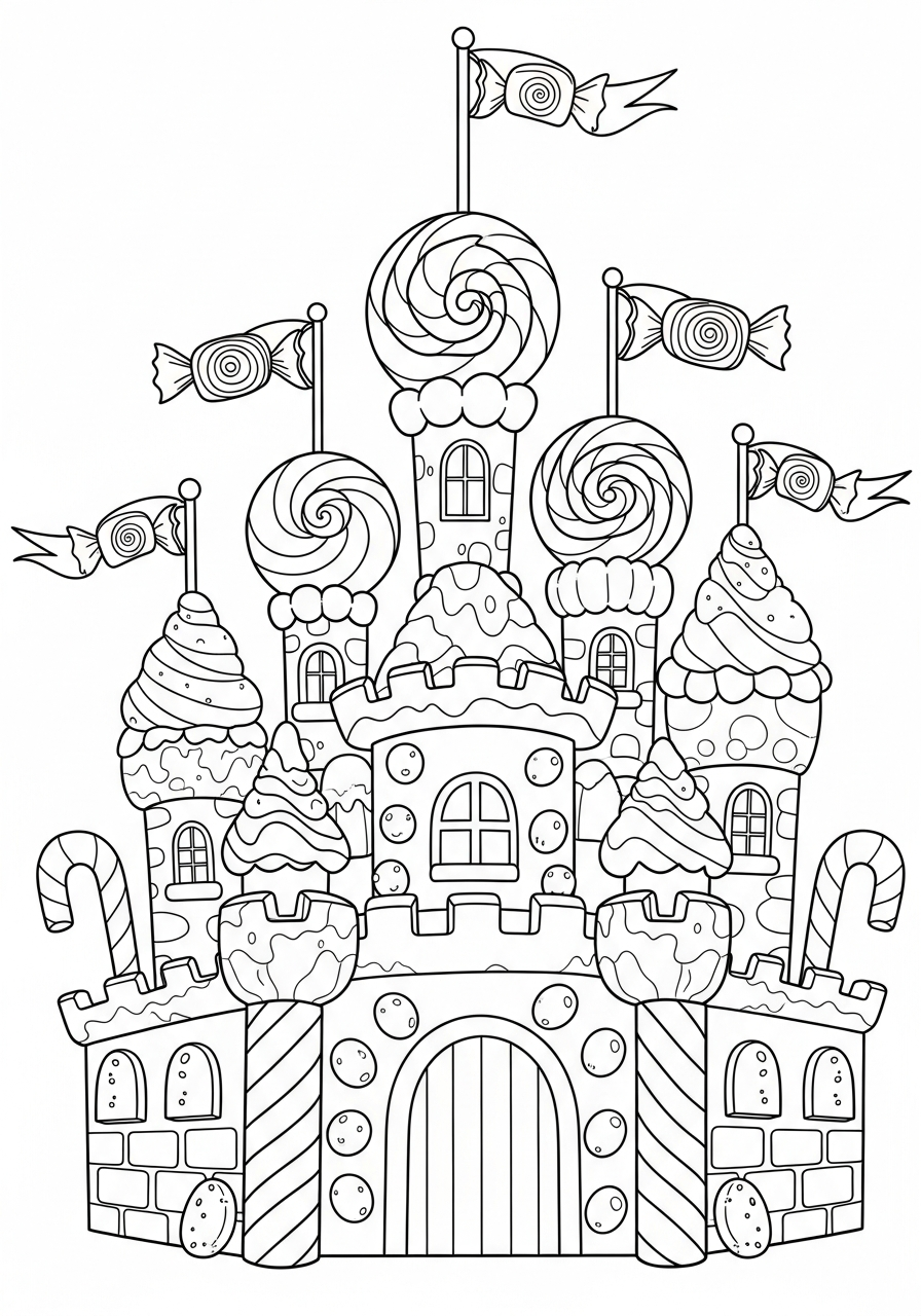 Lollipop Coloring Pages 5 Candy castle with tall lollipop coloring page
