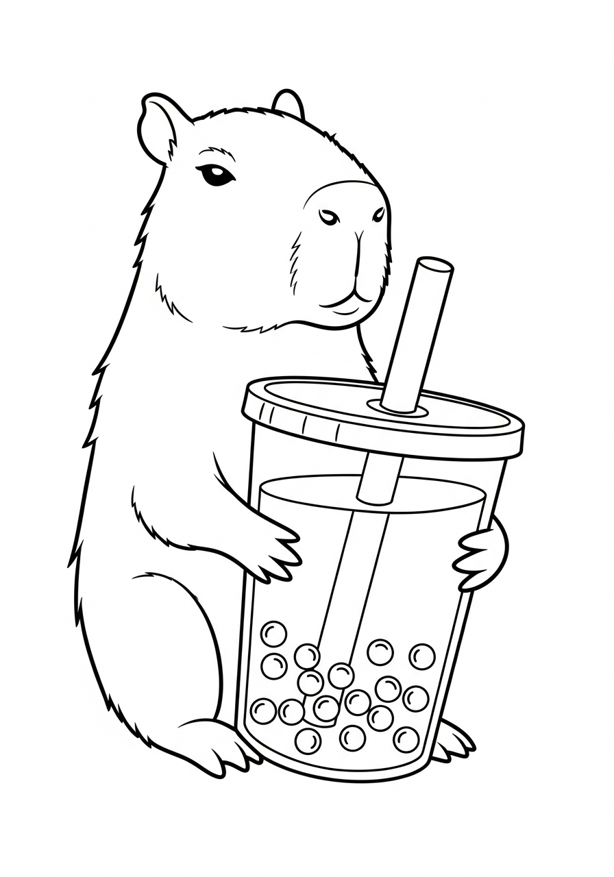 Capybara Coloring Pages 4 Capybara drinking boba tea coloring page