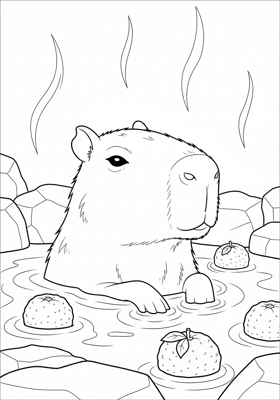 Capybara Coloring Pages 7 Capybara in hot spring bath coloring page