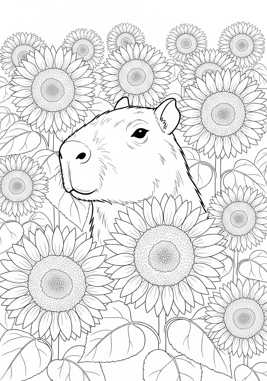 Capybara Coloring Pages 8 Capybara in sunflower field coloring page