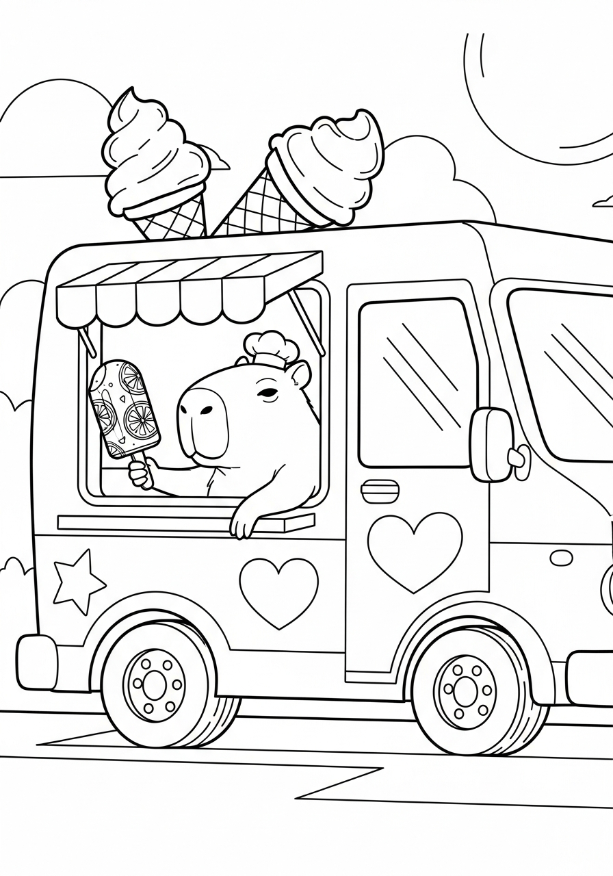Capybara inside cute ice cream truck coloring page