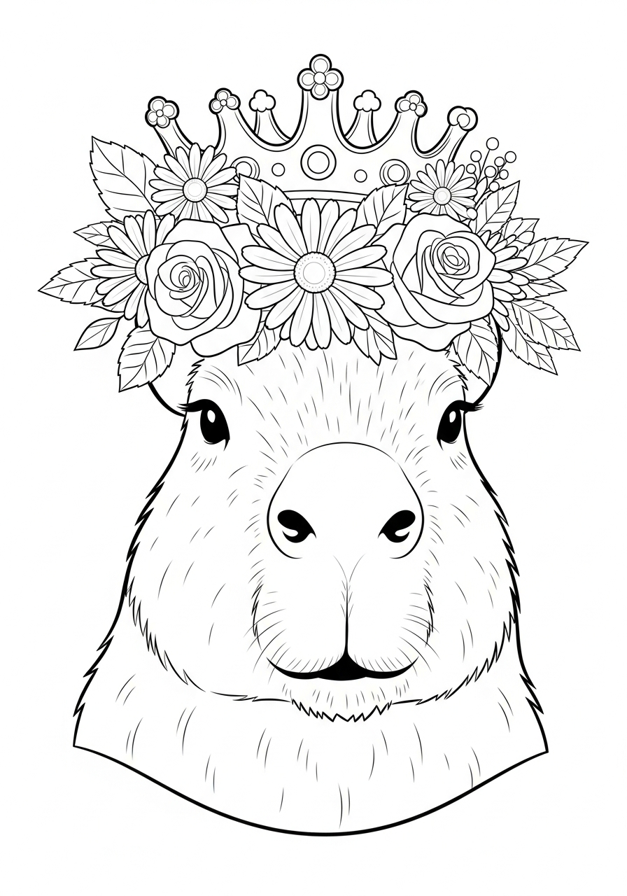 Capybara Coloring Pages 12 Capybara wearing flower crown coloring page