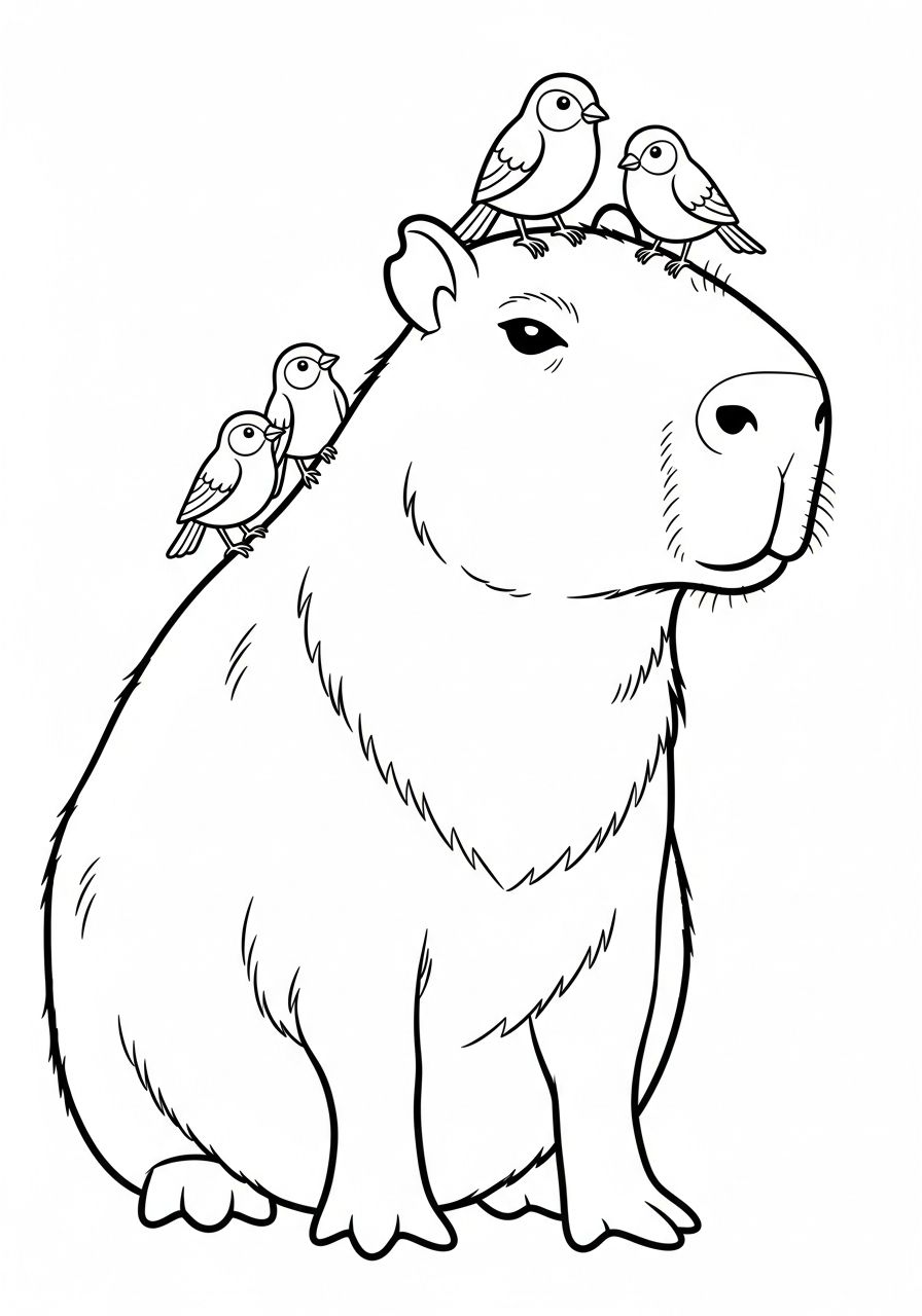 Capybara Coloring Pages 13 Capybara with birds on back coloring page