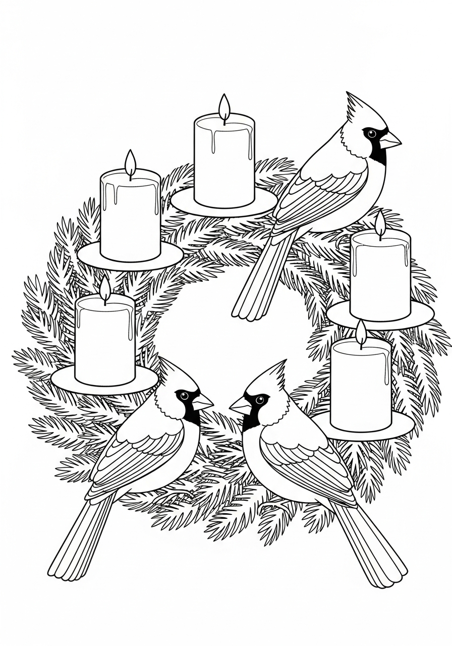 Advent Wreath Coloring Pages 4 Cardinals perched on Advent Wreath coloring page