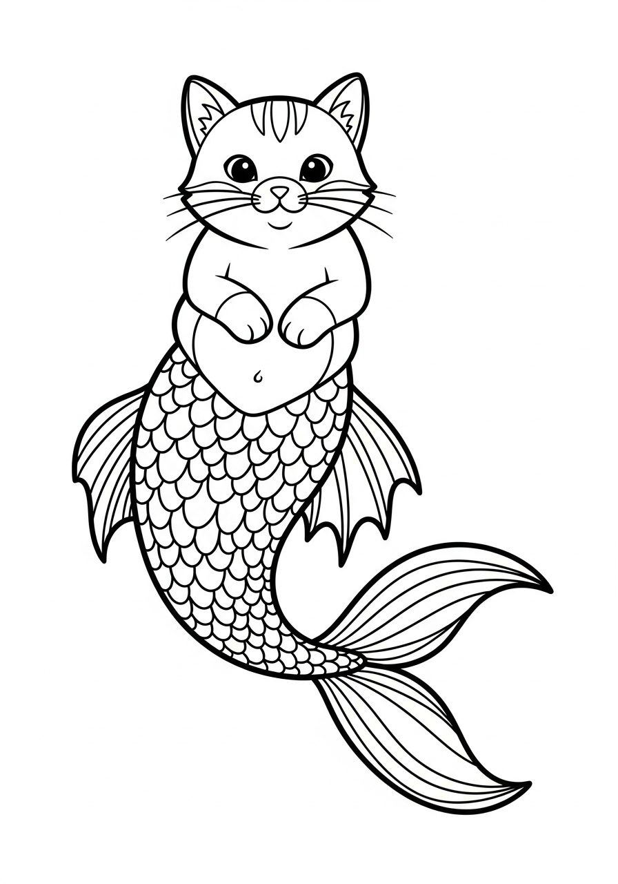 Mermaid Coloring Pages 2 Cat mermaid hybrid underwater creature coloring page