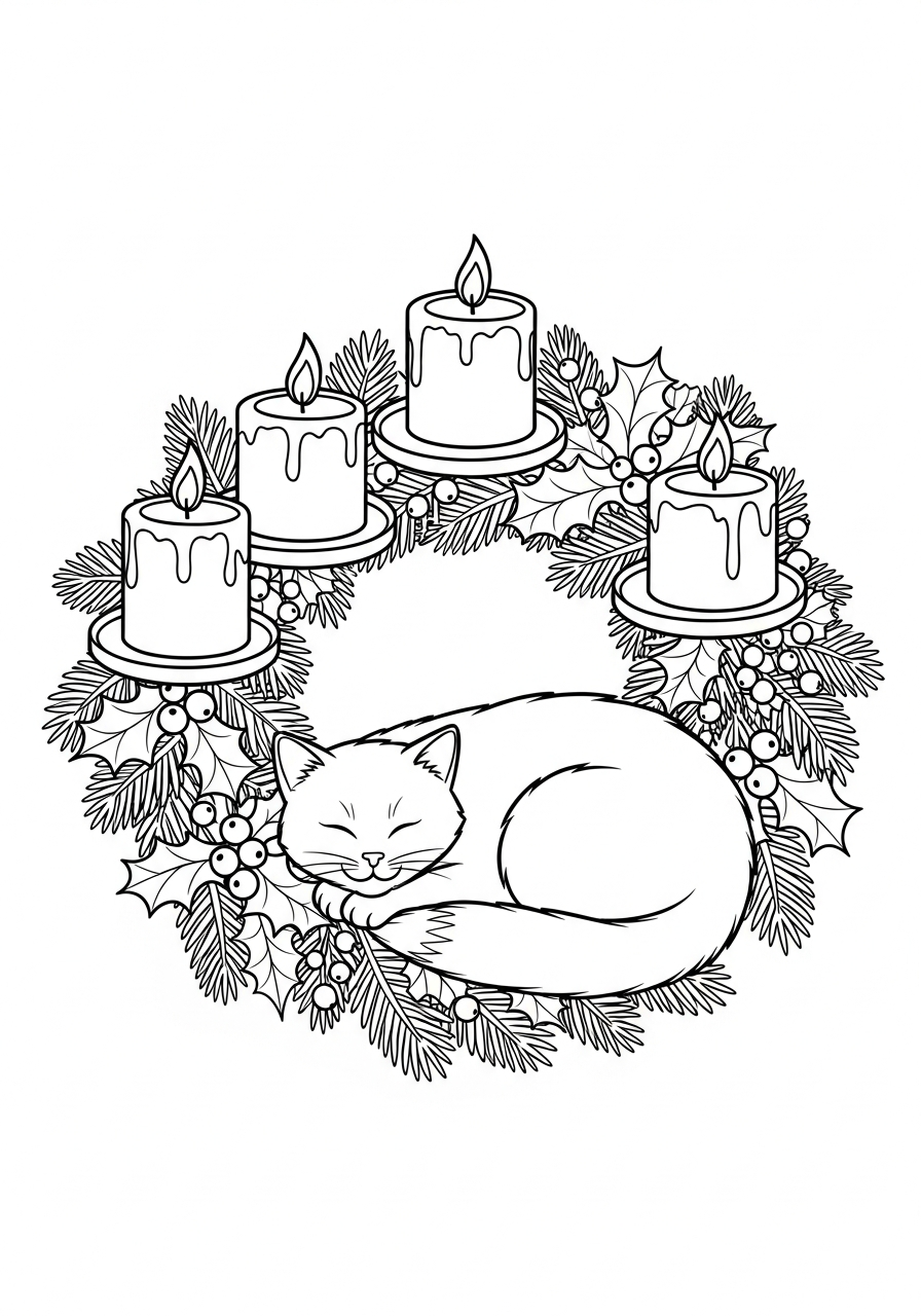Advent Wreath Coloring Pages 5 Cat sleeping near Advent Wreath coloring page