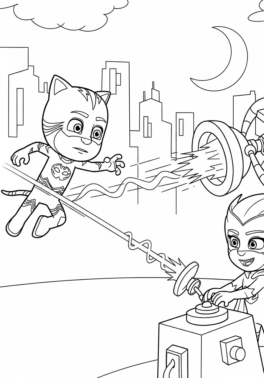 PJ Mask Coloring Pages 3 Catboy dodging Romeo laser beam coloring page