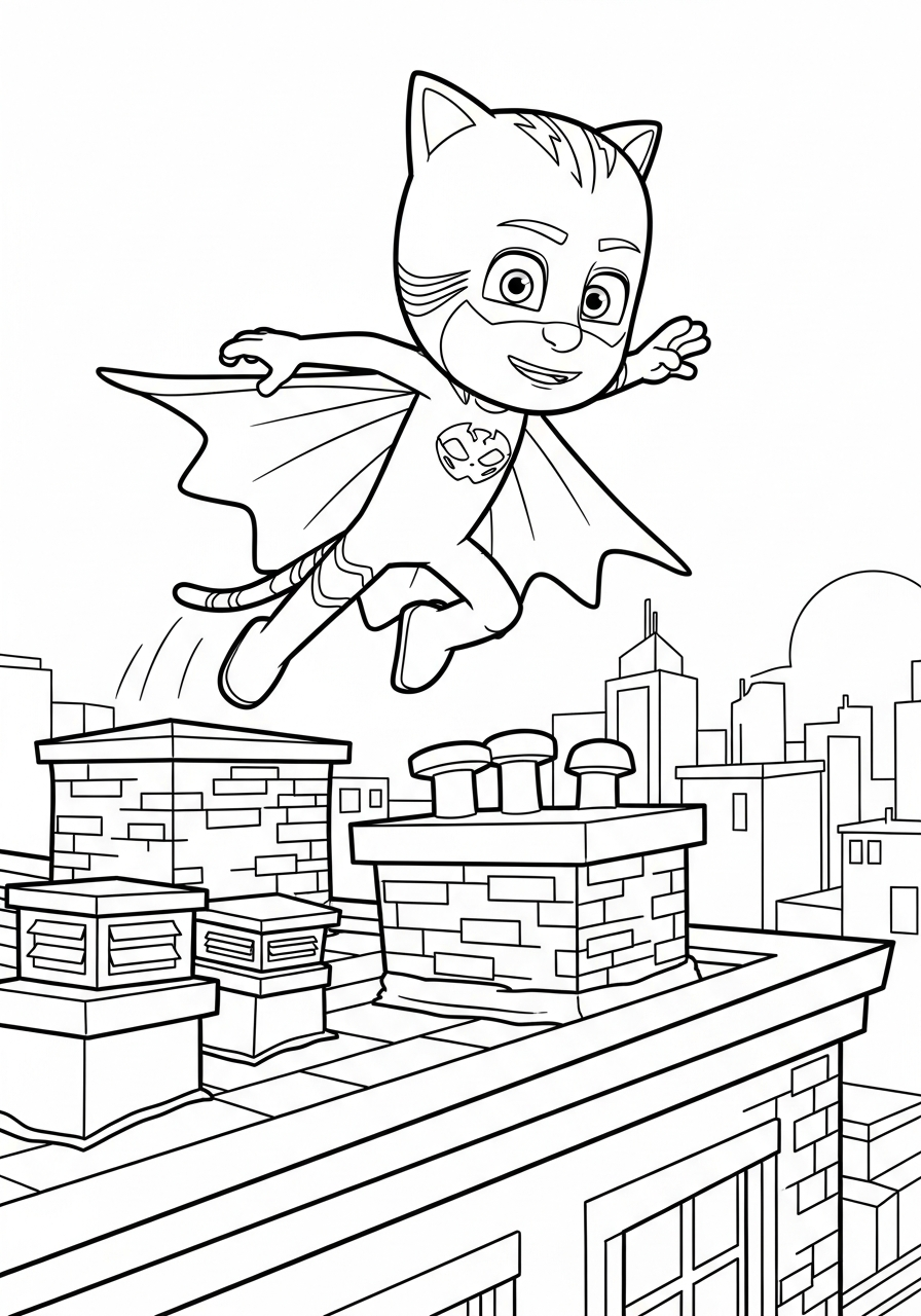 PJ Mask Coloring Pages 4 Catboy jumping over rooftop city coloring page