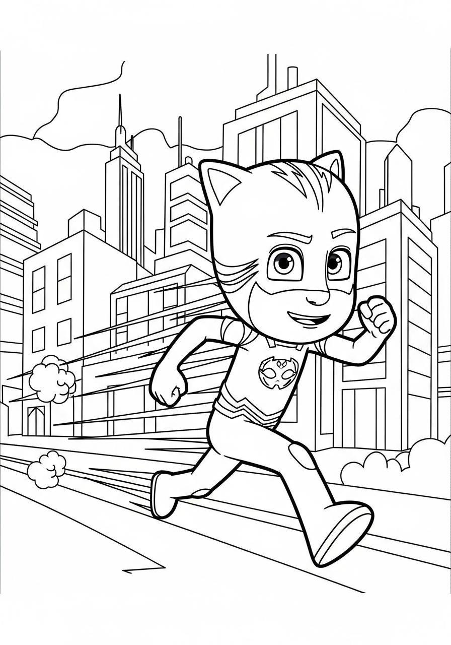 PJ Mask Coloring Pages 5 Catboy sprinting fast in city coloring page