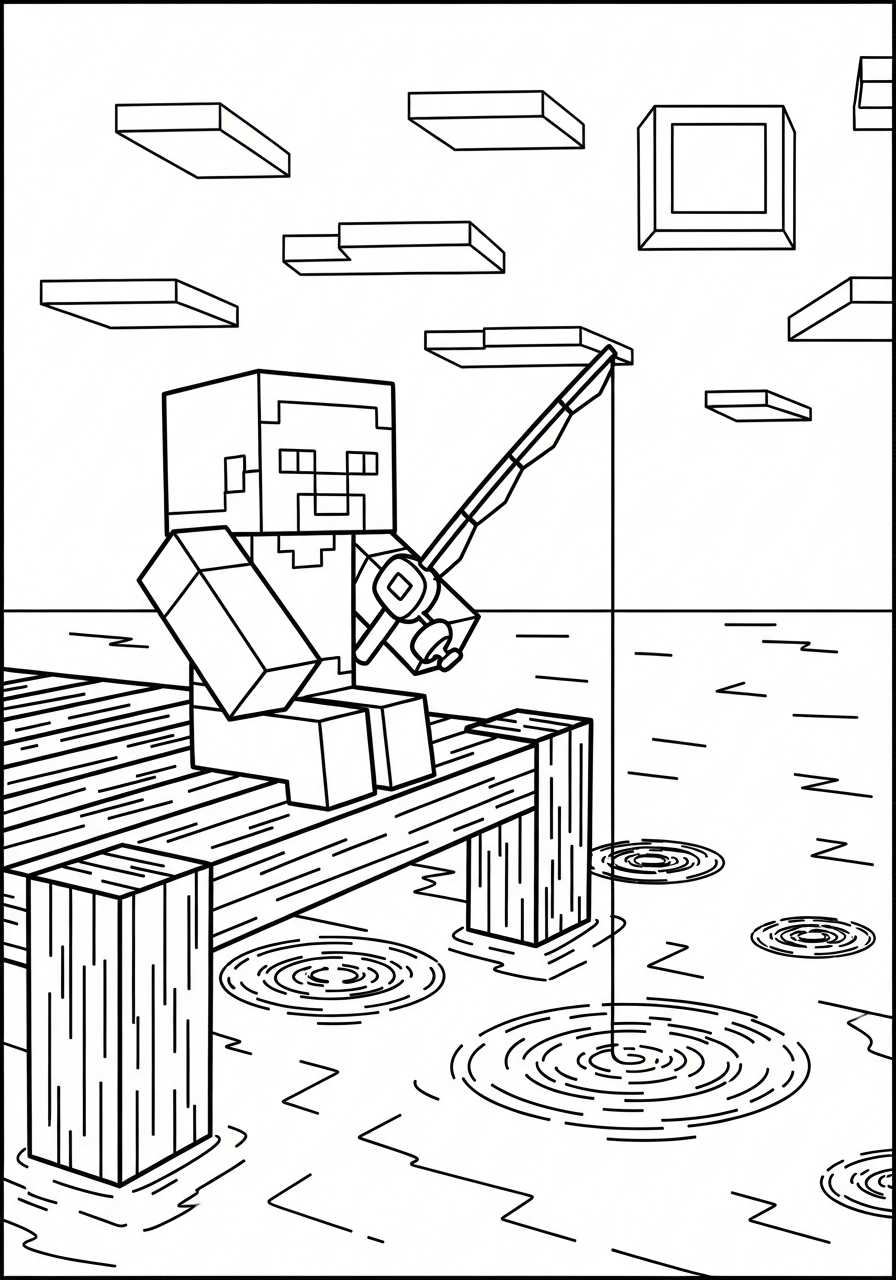 Minecraft Coloring Pages 6 Character fishing dock Minecraft coloring page