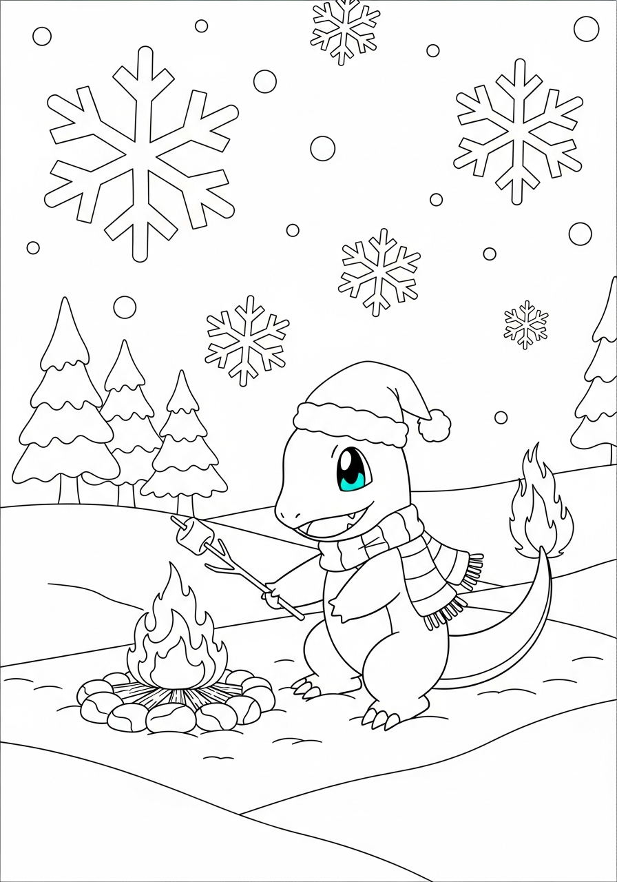 Pokemon Christmas Coloring Pages 4 Charmander by campfire snow coloring page