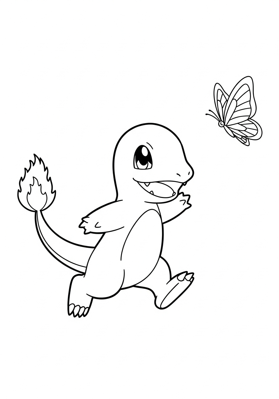 Charmander Coloring Pages 6 Charmander chasing a butterfly playful coloring page