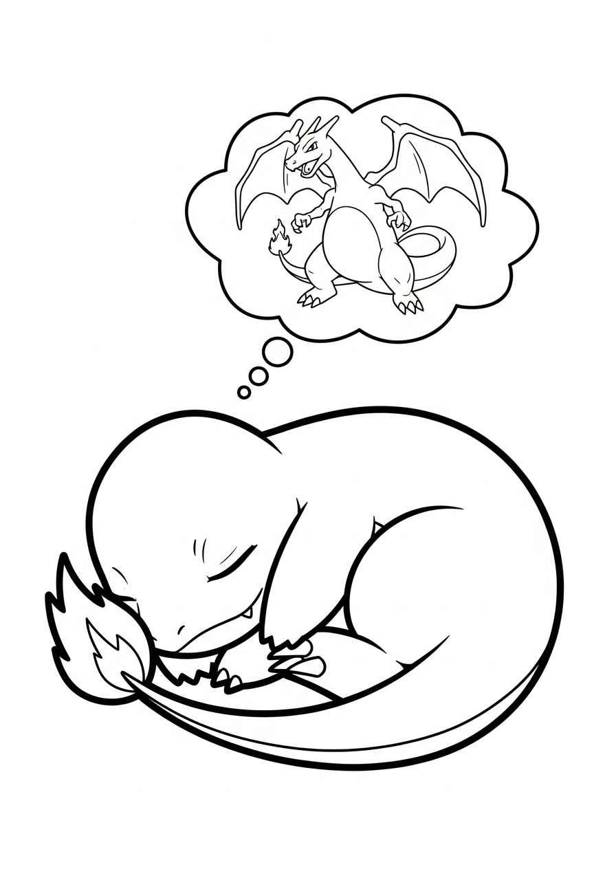 Charmander Coloring Pages 8 Charmander dreaming of Charizard evolution coloring page