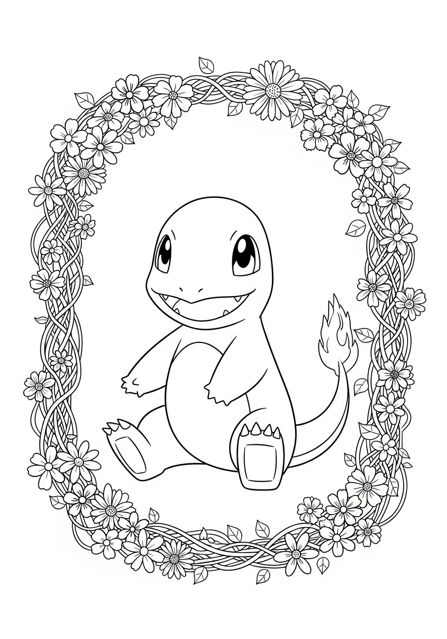 Charmander Coloring Pages 10 Charmander inside floral flower wreath coloring page
