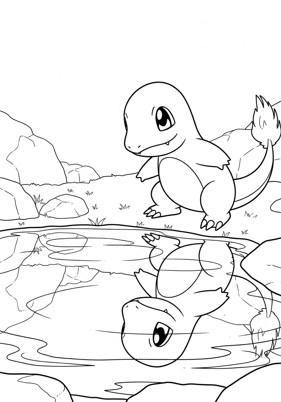 Charmander Coloring Pages 12 Charmander looking at pond reflection coloring page