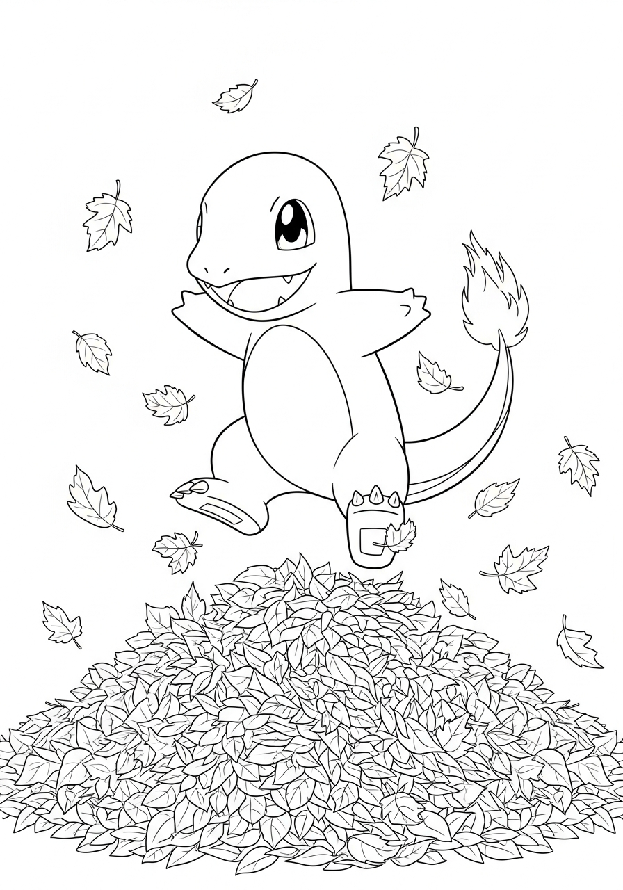Charmander Coloring Pages 14 Charmander playing in autumn leaves coloring page