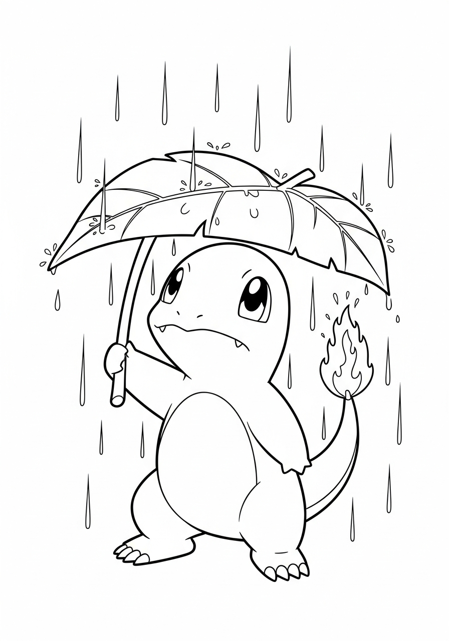 Charmander Coloring Pages 17 Charmander under leaf umbrella rain coloring page