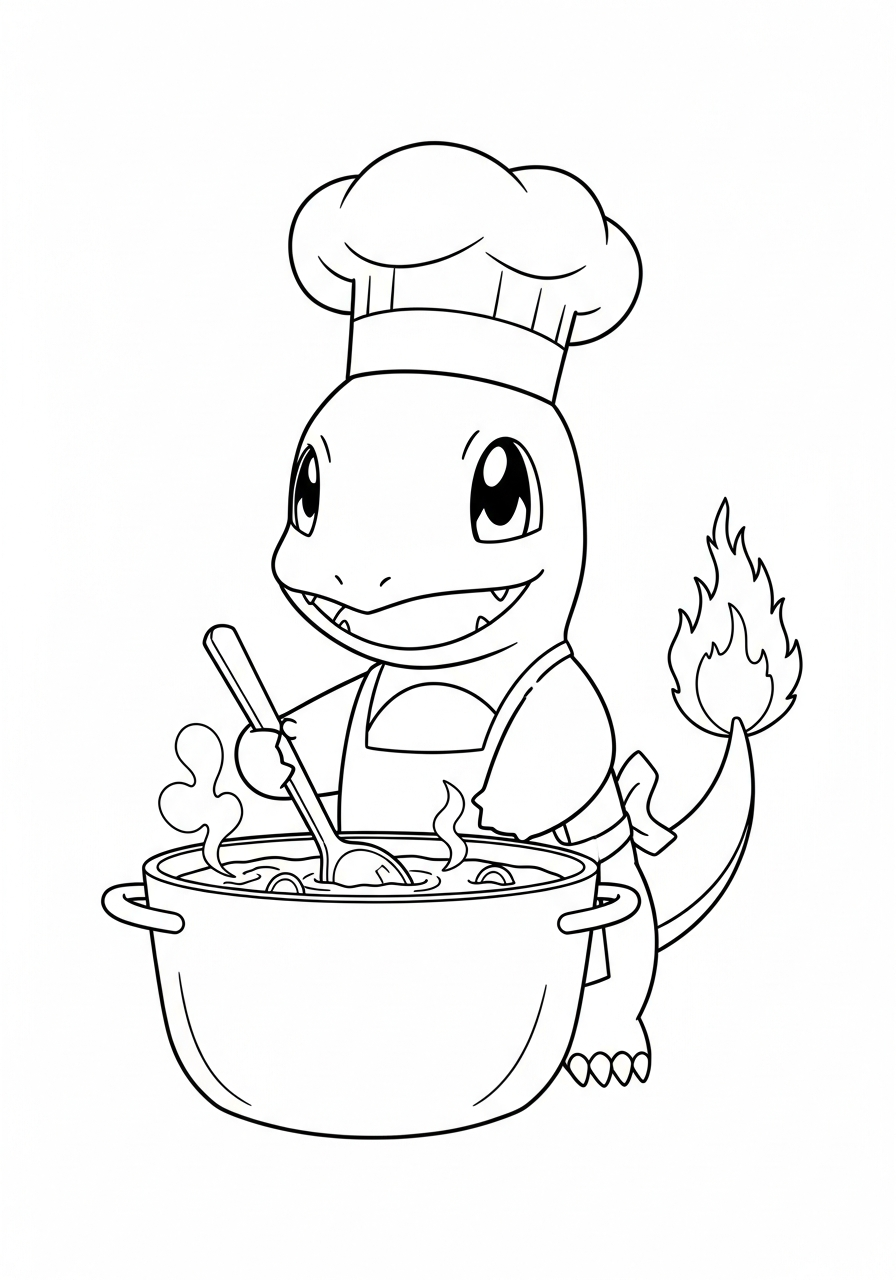 Charmander Coloring Pages 20 Chef Charmander cooking soup pot coloring page