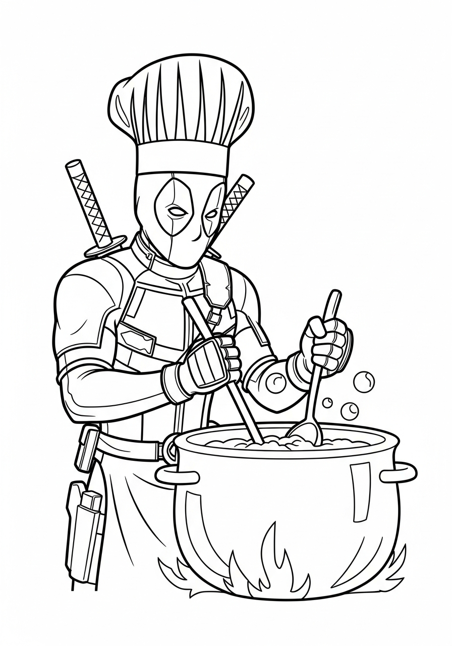 Deadpool Coloring Pages 5 Chef Deadpool cooking in kitchen coloring page