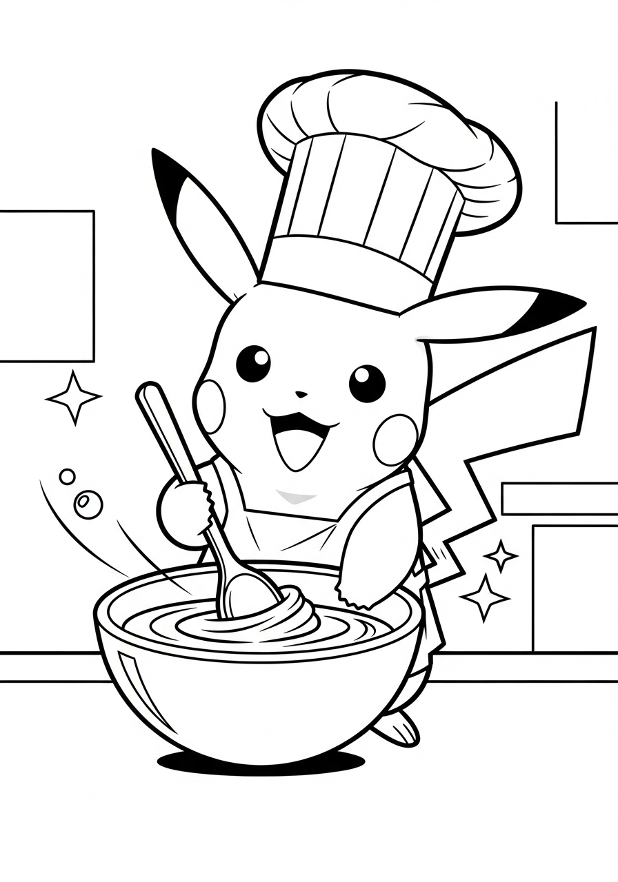 Pikachu Coloring Pages 5 Chef Pikachu cooking food coloring page