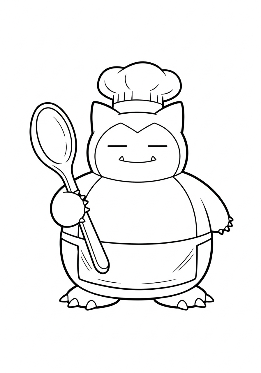 Snorlax Coloring Pages 4 Chef Snorlax cooking with spoon coloring page