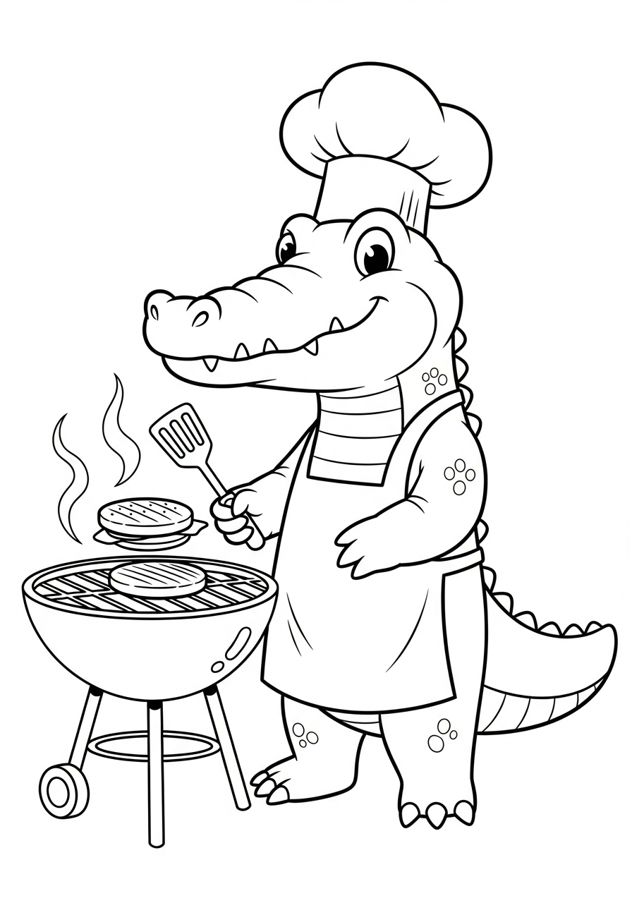 Alligator Coloring Pages 13 Chef alligator cooking burger grill coloring page