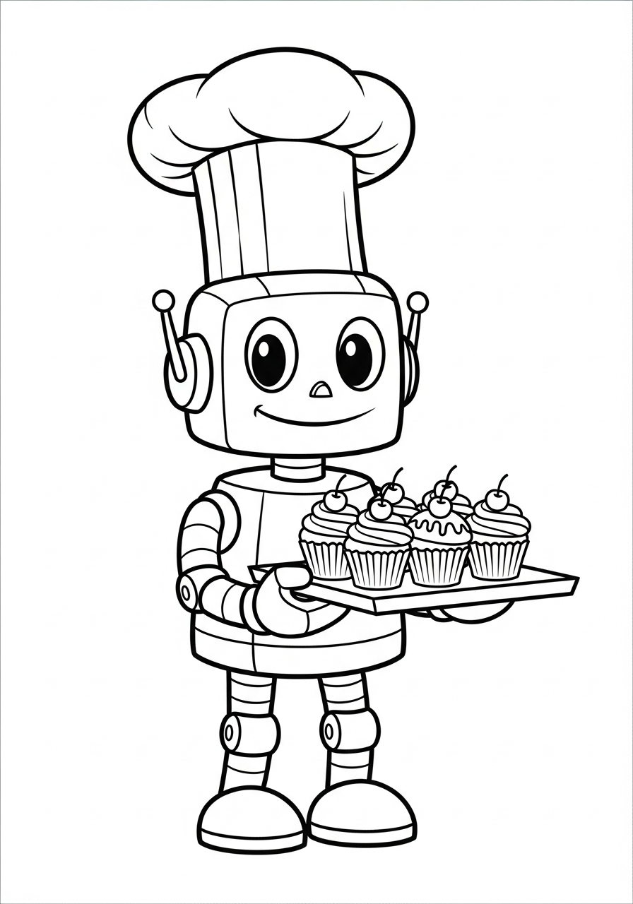 Robot Coloring Pages 7 Chef robot holding cupcakes coloring page
