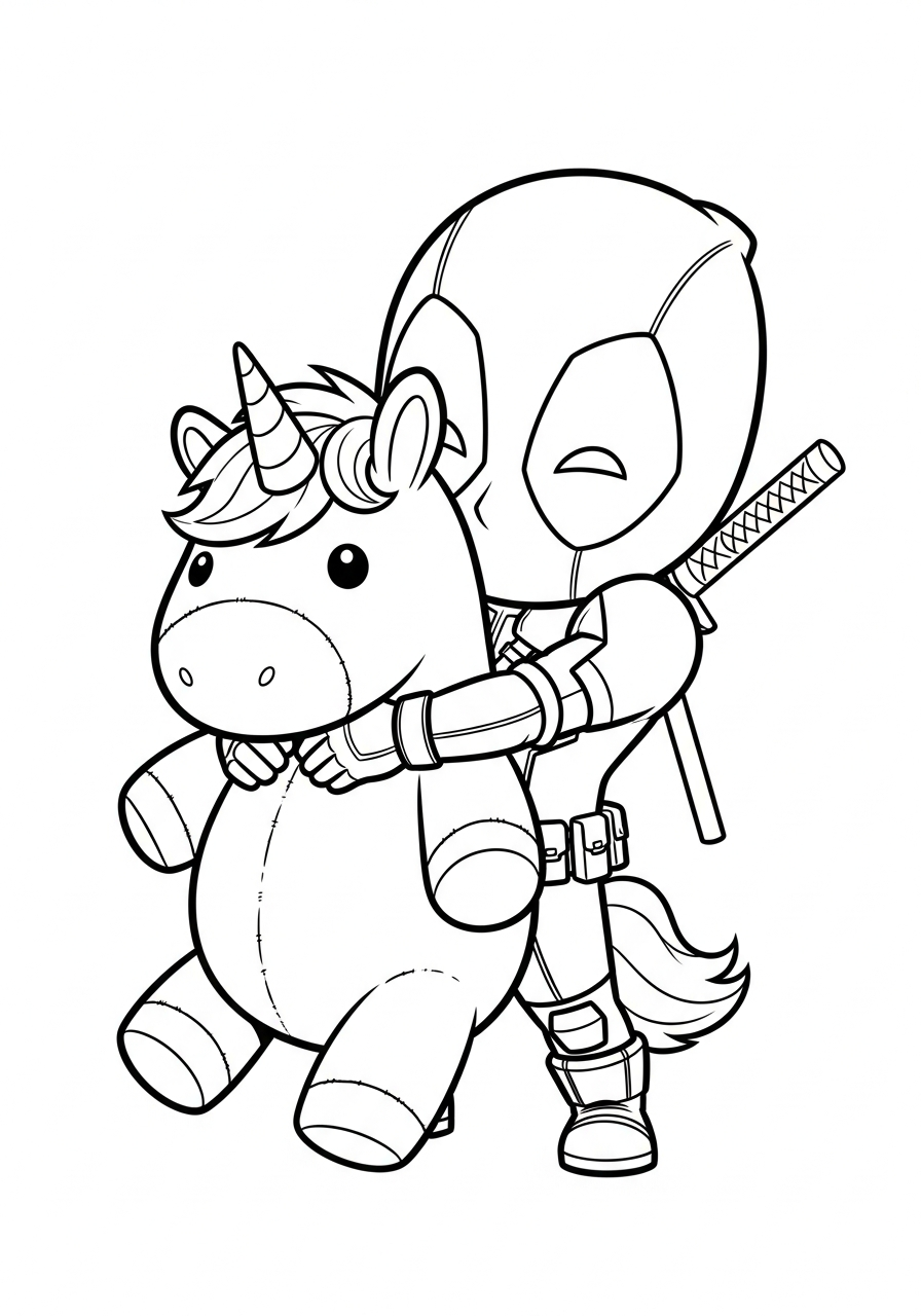 Deadpool Coloring Pages 6 Chibi Deadpool hugging unicorn plush coloring page