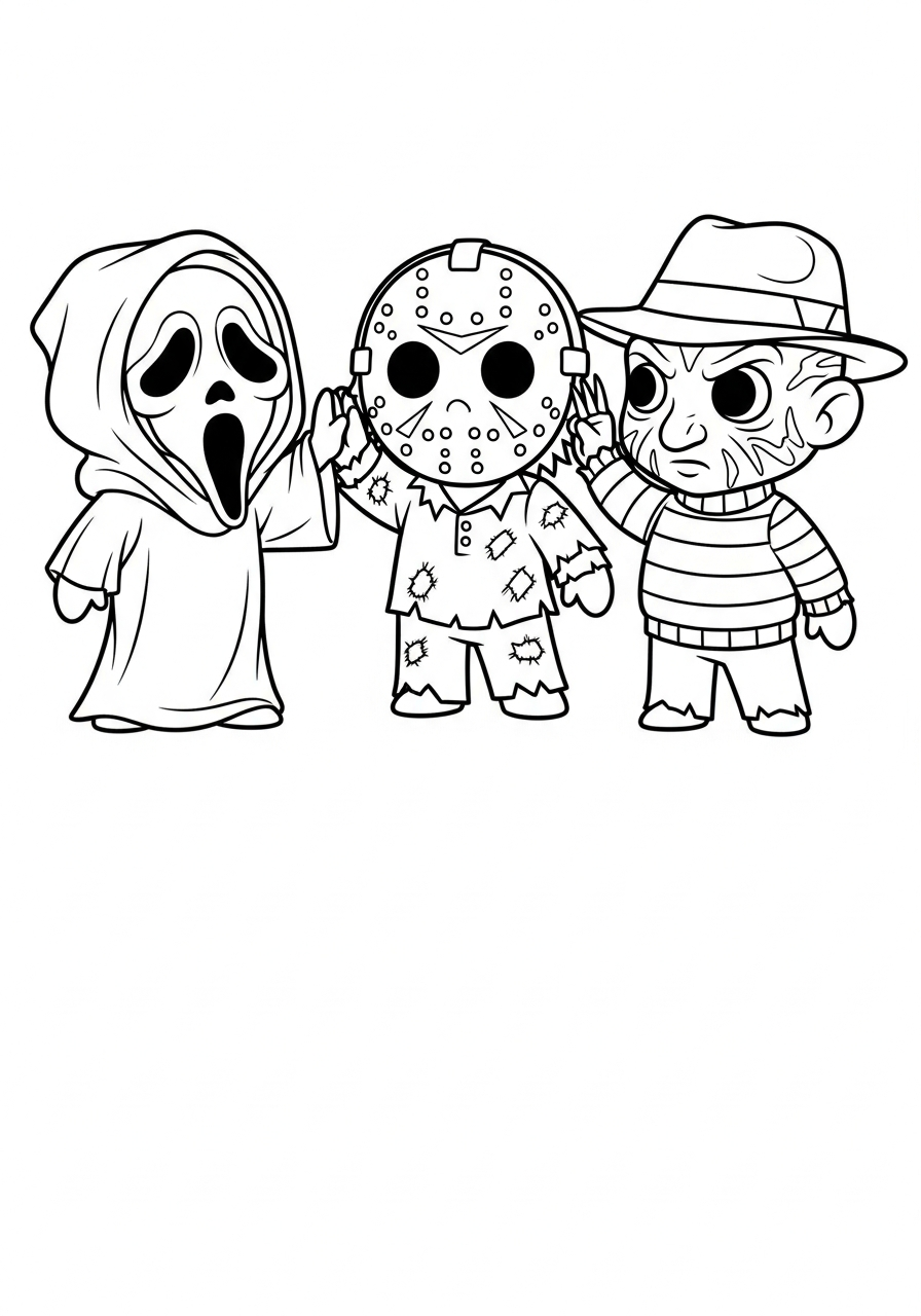 Chibi Ghostface with scary friends coloring page