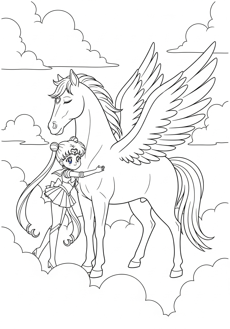 Sailor Moon Coloring Pages 2 Chibi Moon hugging Pegasus coloring page