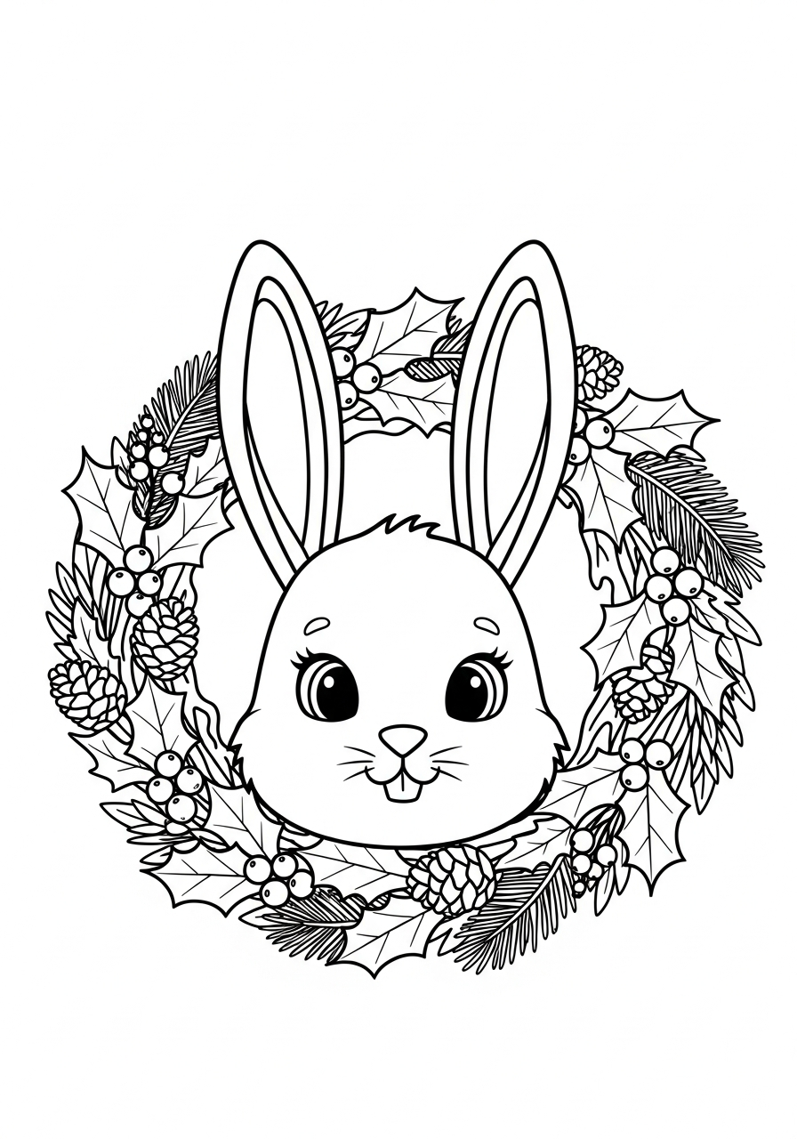 Christmas Bunny Coloring Pages 6 Christmas Bunny inside holly wreath coloring page