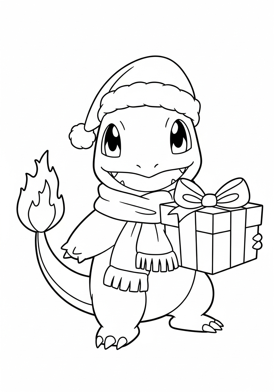 Charmander Coloring Pages 21 Christmas Charmander with gift box coloring page