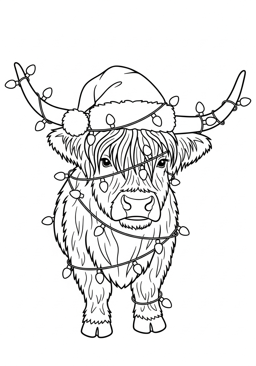 Highland Cow Coloring Pages 3 Christmas Highland cow with lights coloring page