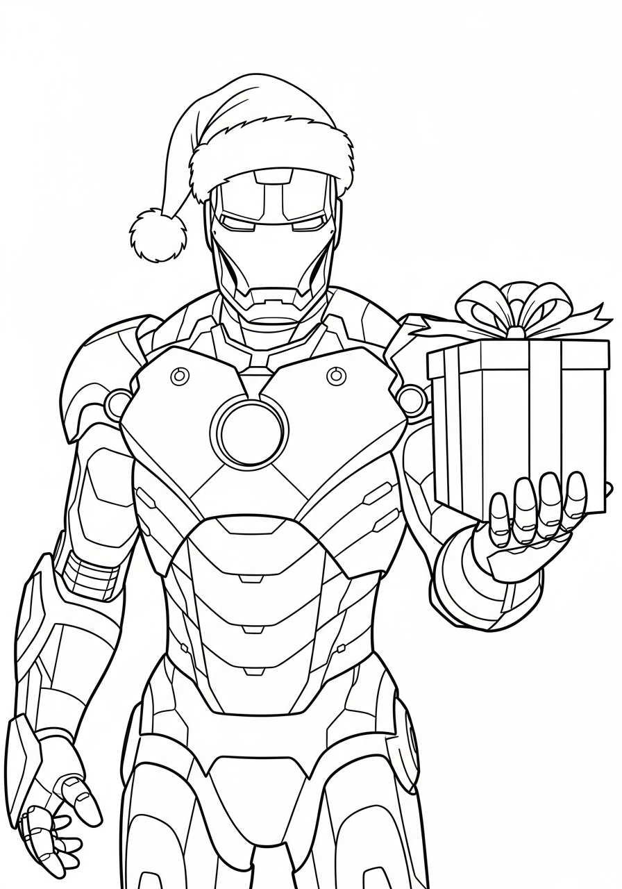 Iron Man Coloring Pages 4 Christmas Iron Man with gift coloring page