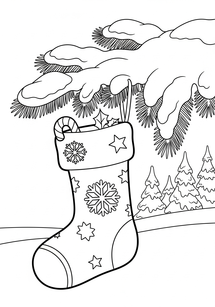 Christmas Stocking hanging on tree coloring page