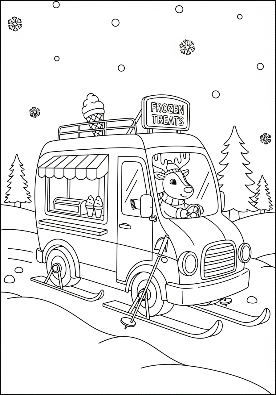Christmas reindeer sleigh ice cream truck coloring page