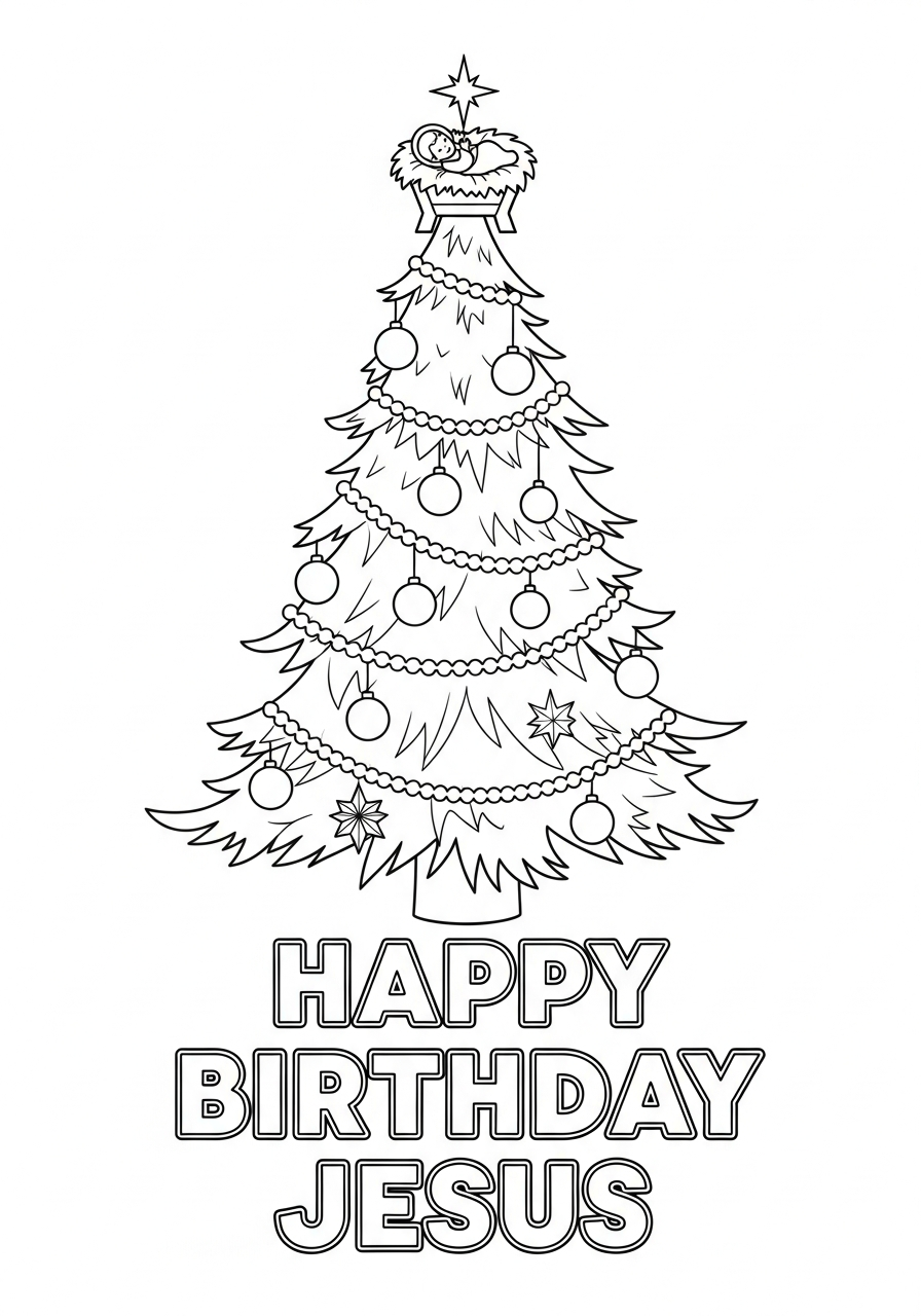 Christmas tree with Jesus topper coloring page