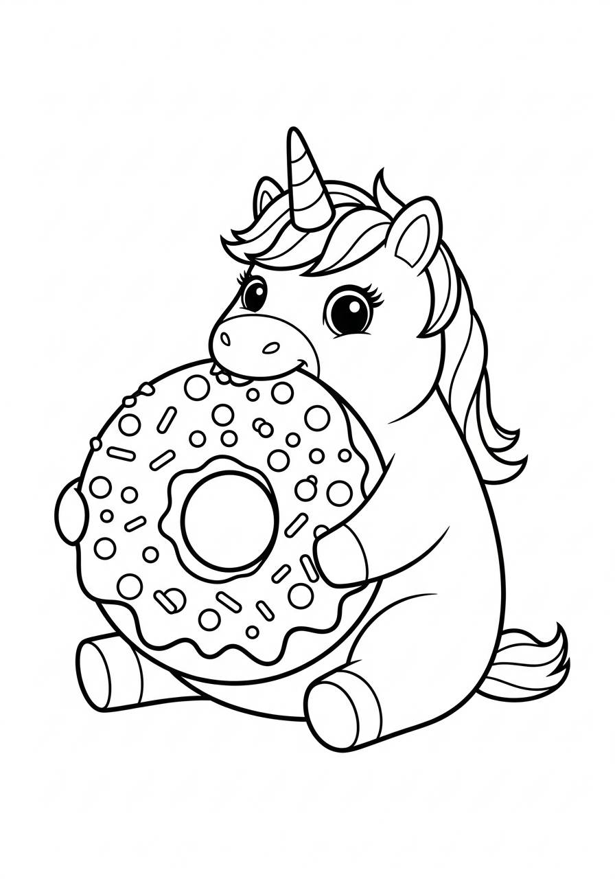 Unicorn Coloring Pages 5 Chubby unicorn eating giant donut coloring page