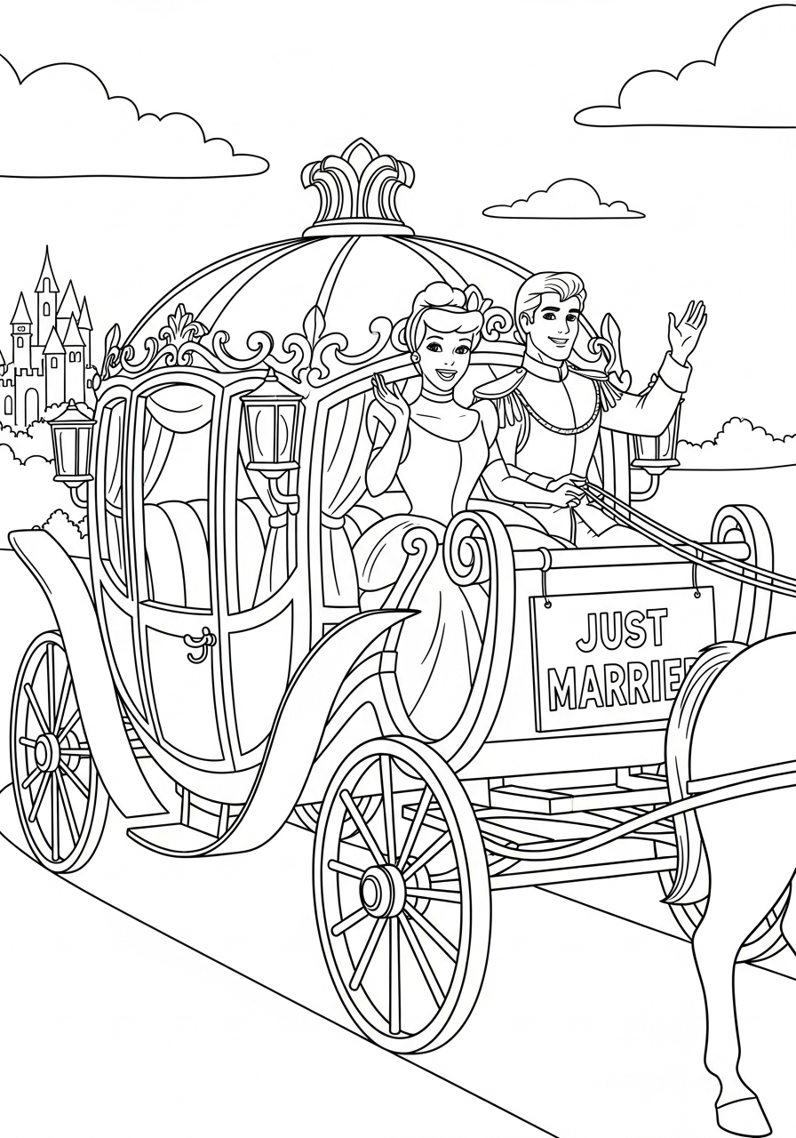 Cinderella and Prince carriage wedding coloring page