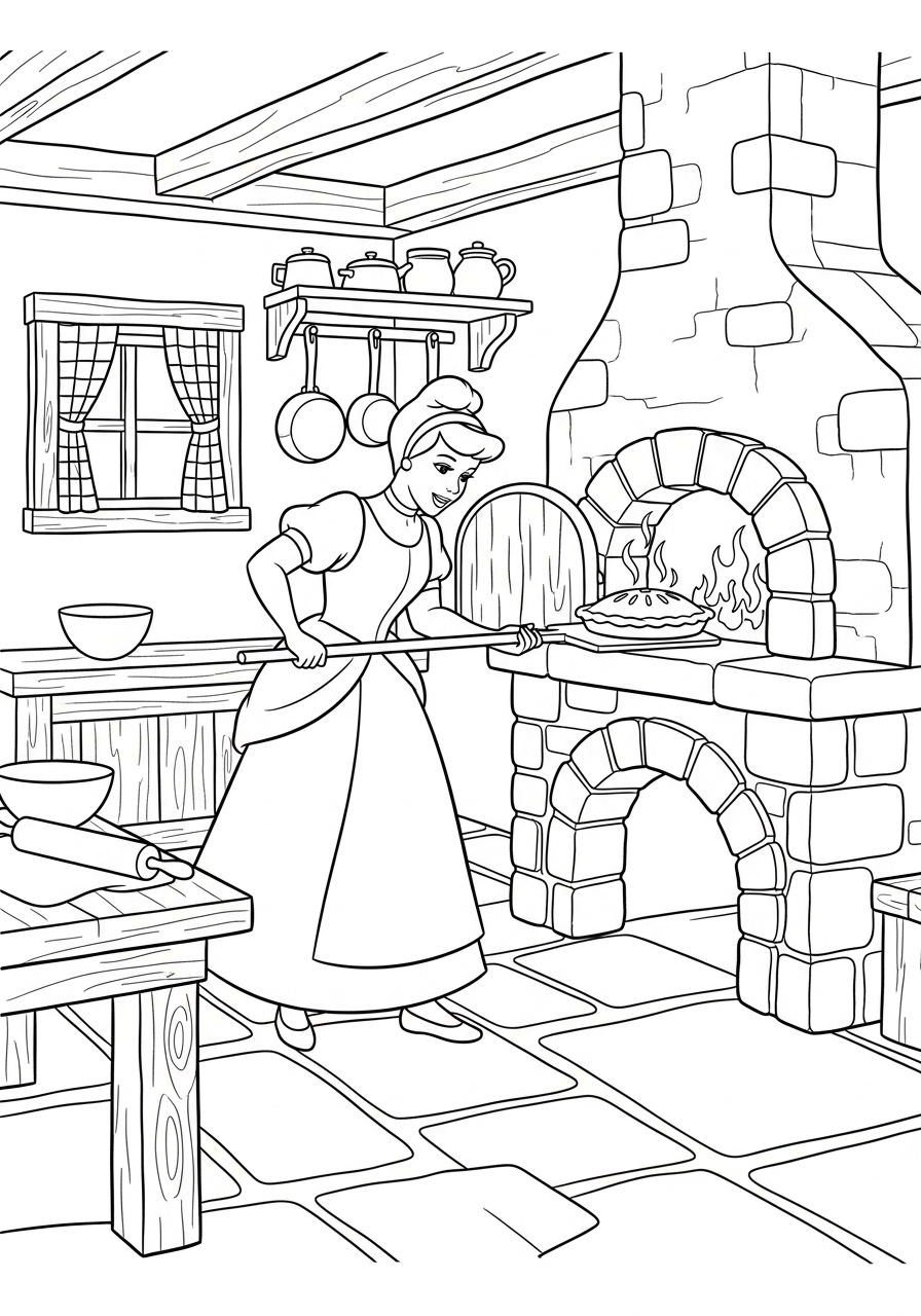 Cinderella baking pie in kitchen coloring page