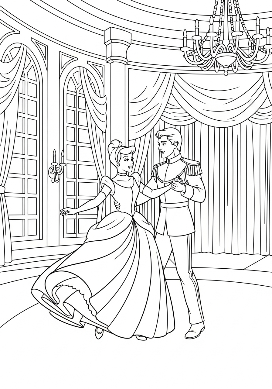 Cinderella dancing with Prince Charming coloring page