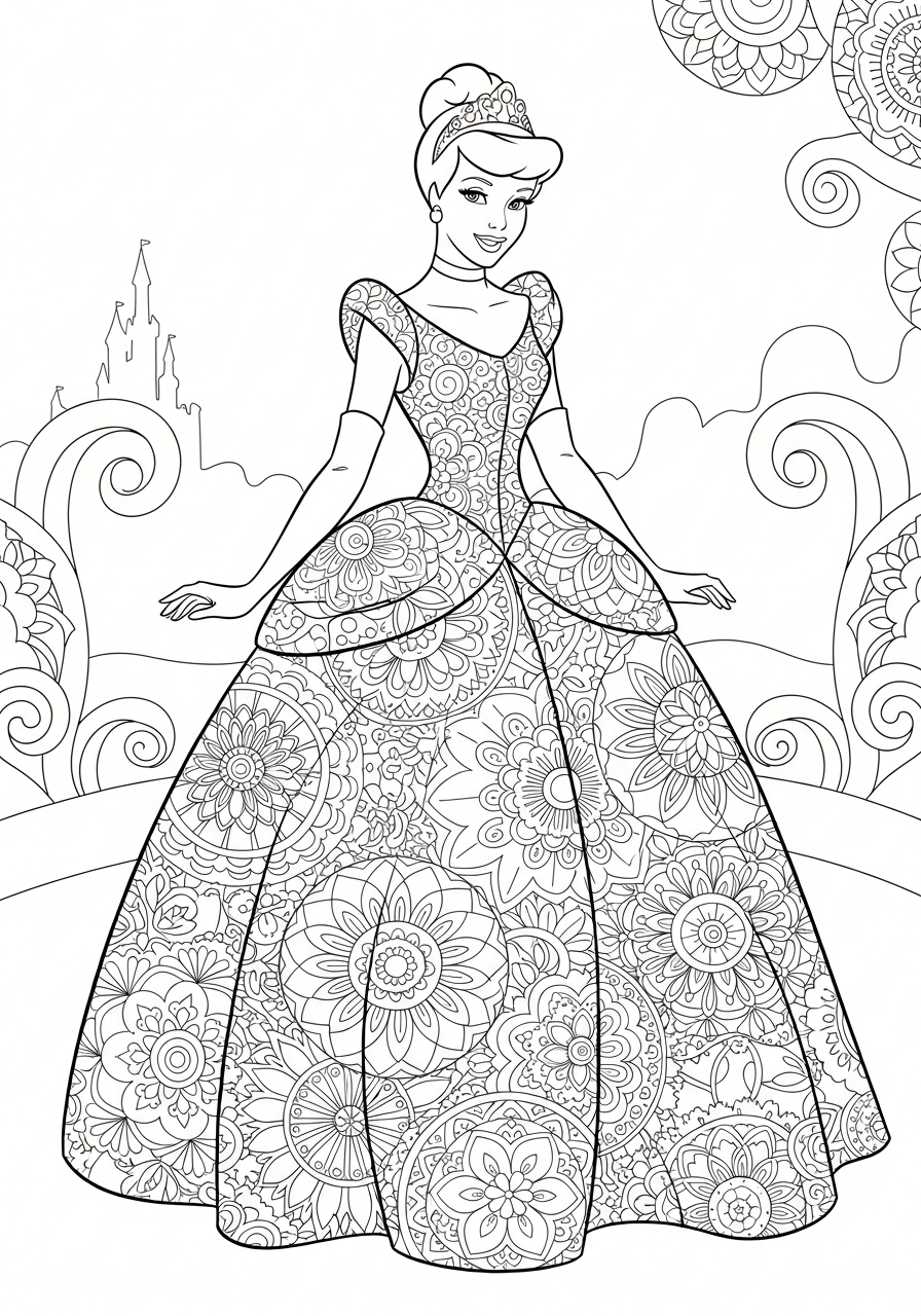 Cinderella dress with mandala patterns coloring page